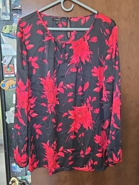Talbots Black Blouse with Bright Red Floral Print